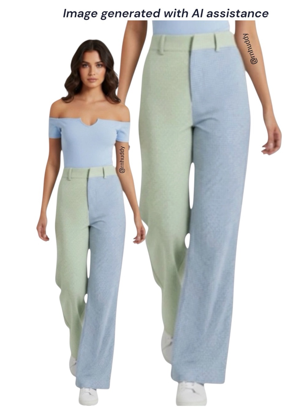 Polagram M green & blue check high waisted wide leg pants